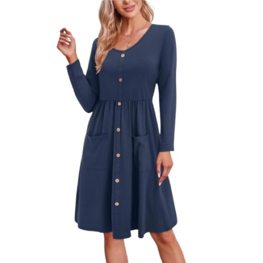 Women's Medium Navy Blue Long Sleeve V Neck Casual Button Swing Dress Pockets